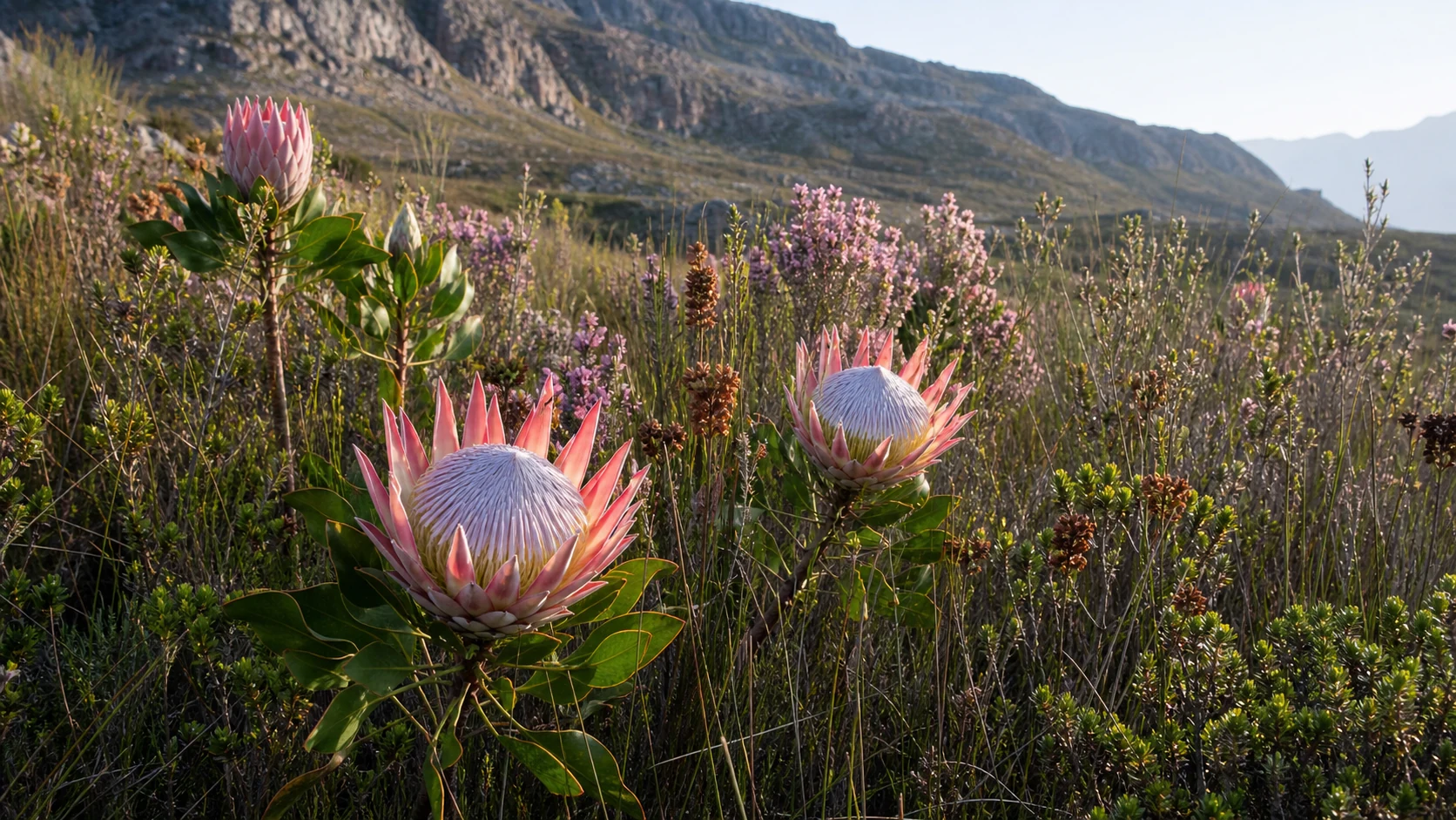 ケープ地方の山並みに広がる花咲くフィンボス植生
