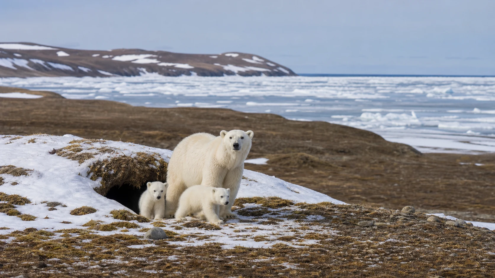 ウランゲリ島のツンドラと海氷を歩くホッキョクグマの親子