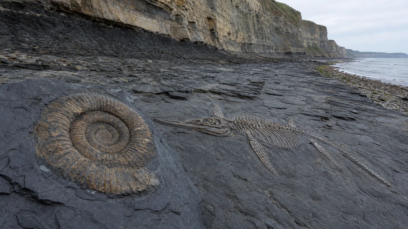 ライム・リージスの化石海岸で岩層に残るアンモナイトと海生爬虫類の化石