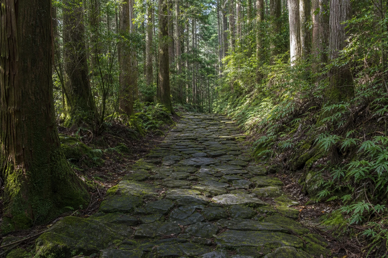 杉木立のなかを延びる熊野古道中辺路の苔むした石畳