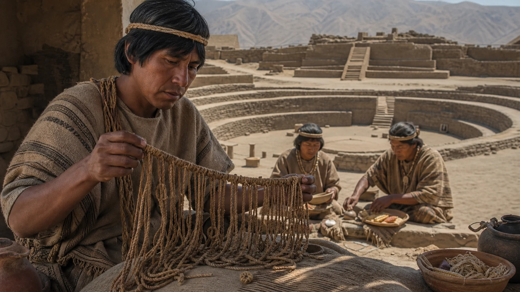 カラルの祭祀建築を背景にアンデスの組み紐キープを扱う古代の記録管理者