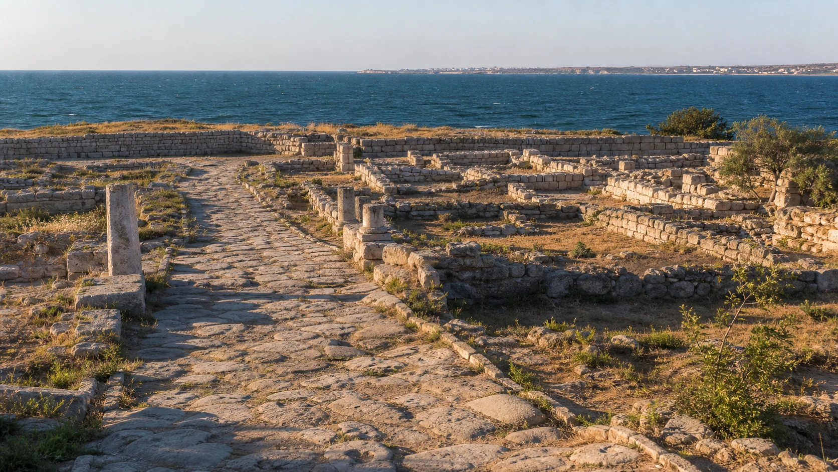 黒海沿岸に残るケルソネソスの古代ギリシャ都市の石造遺跡