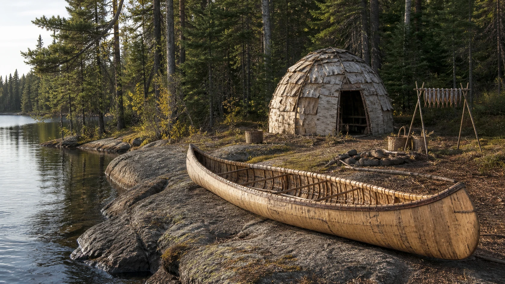 森の水辺にある樺皮のカヌーとドーム形の樺皮住居