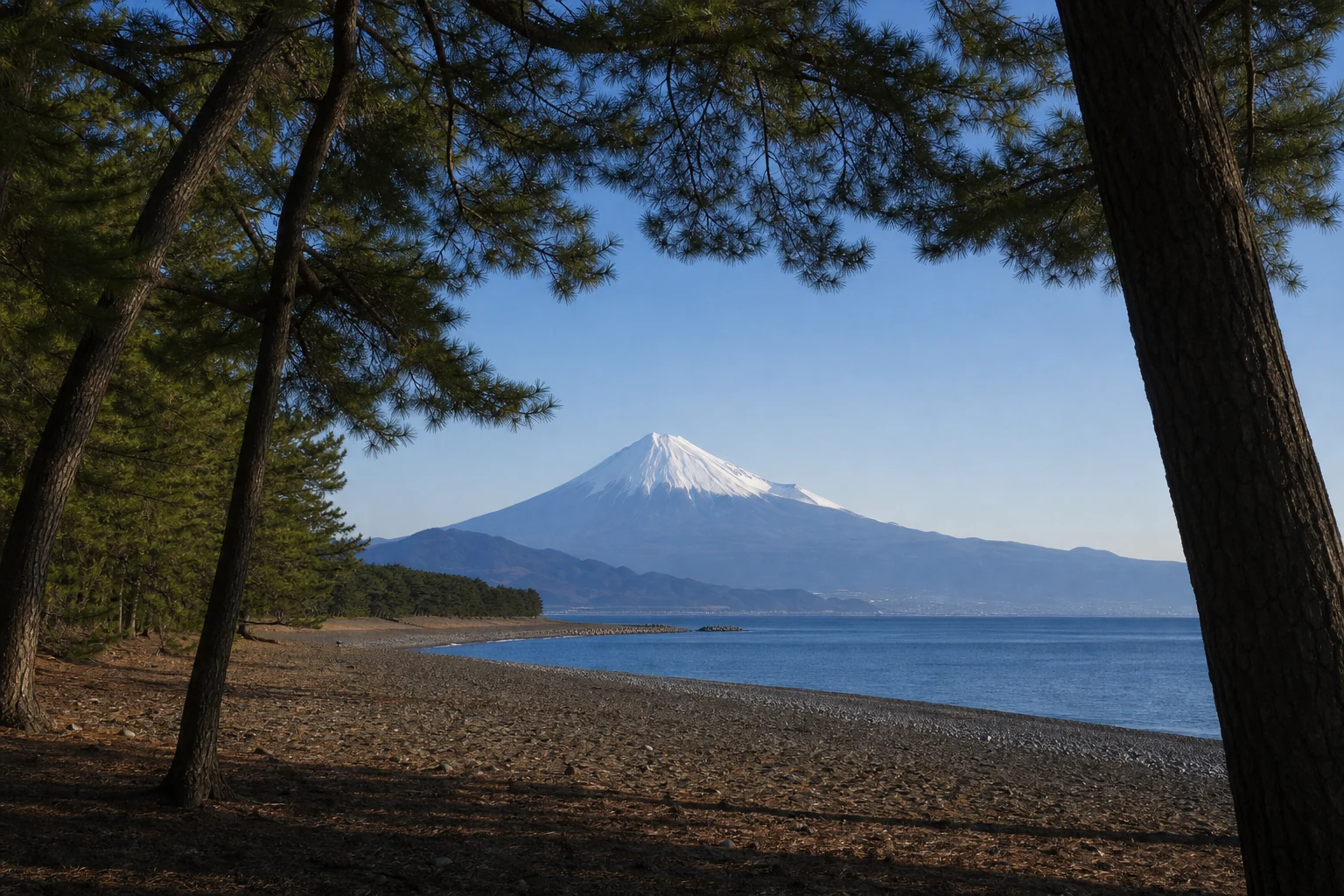 三保松原の松林と海岸の向こうにそびえる富士山