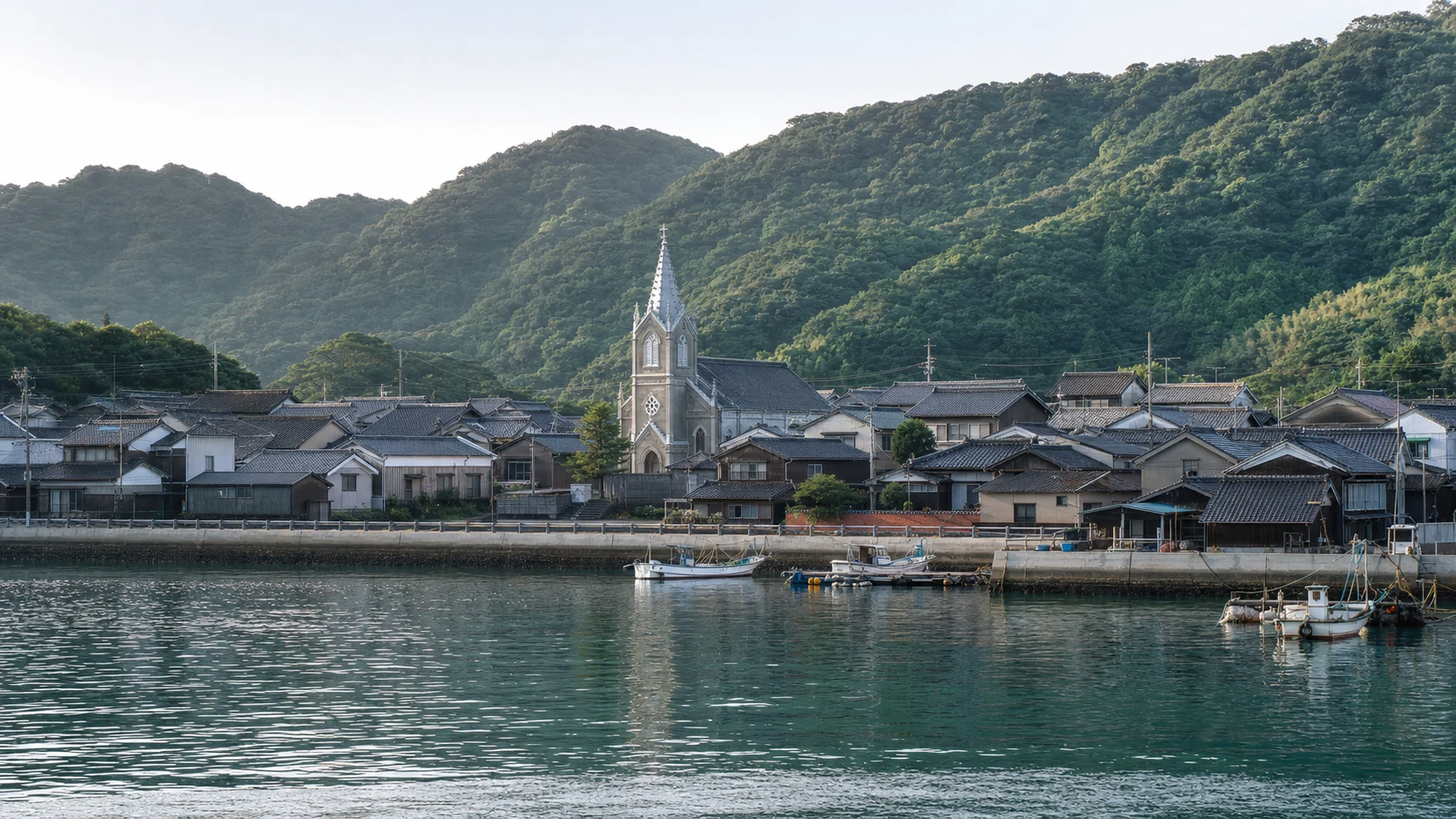 天草の湾に沿って家々と﨑津教会が並ぶ﨑津集落