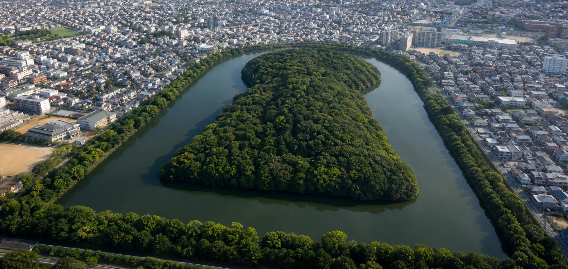 都市の緑に囲まれたいたすけ古墳と濠