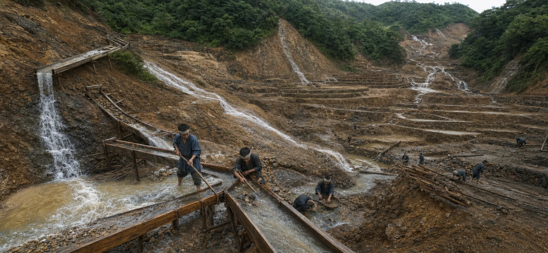 西三川砂金山の大流しと水路を再現した鉱山景観