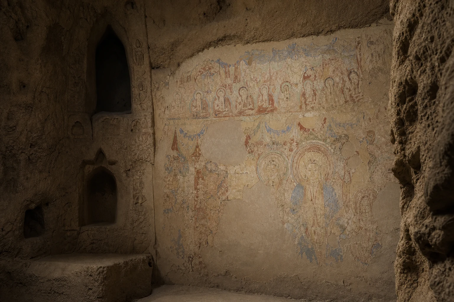 バーミヤン石窟内部に残る古代仏教壁画の断片