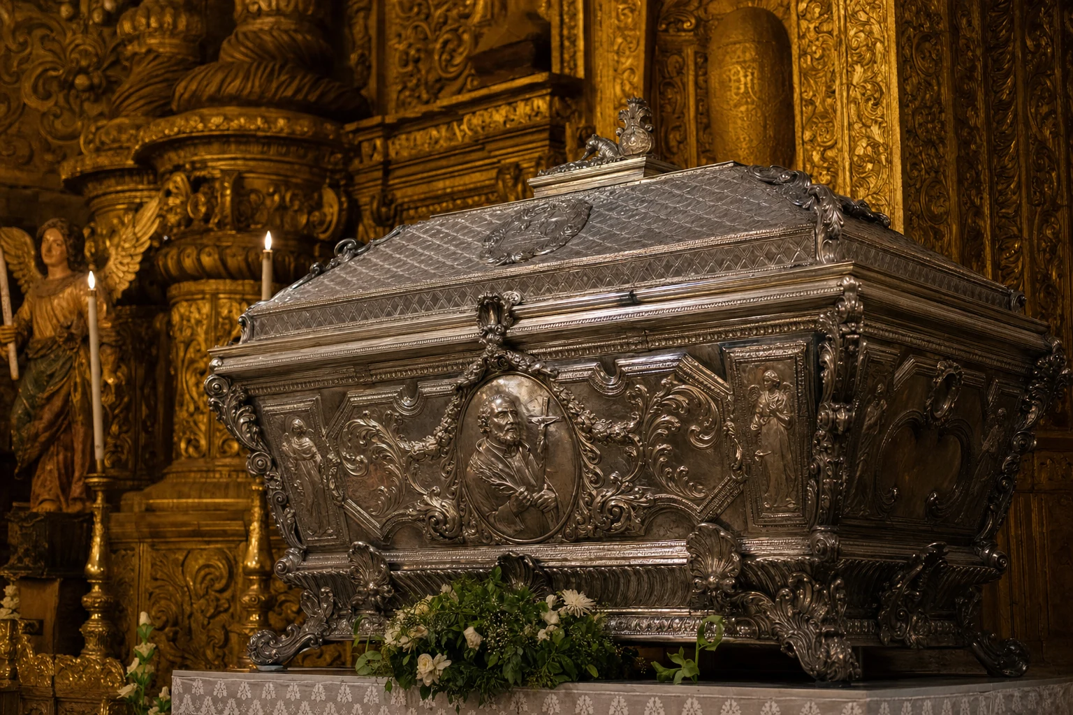 ボン・ジェズス・バシリカの金色の祭壇空間に安置された銀製の聖遺物容器