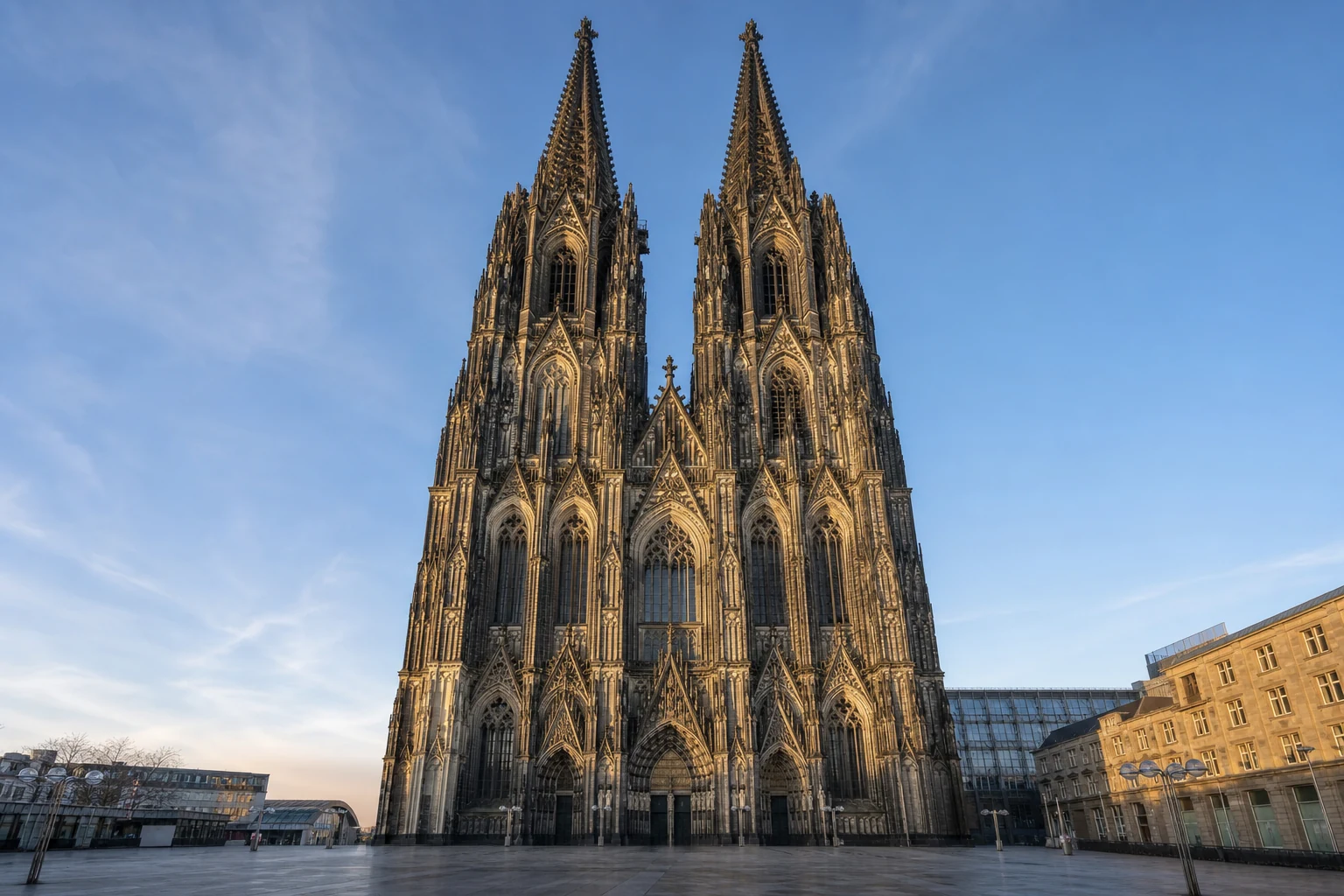精緻な石彫と高さ約157mの双塔を備えたケルン大聖堂西正面