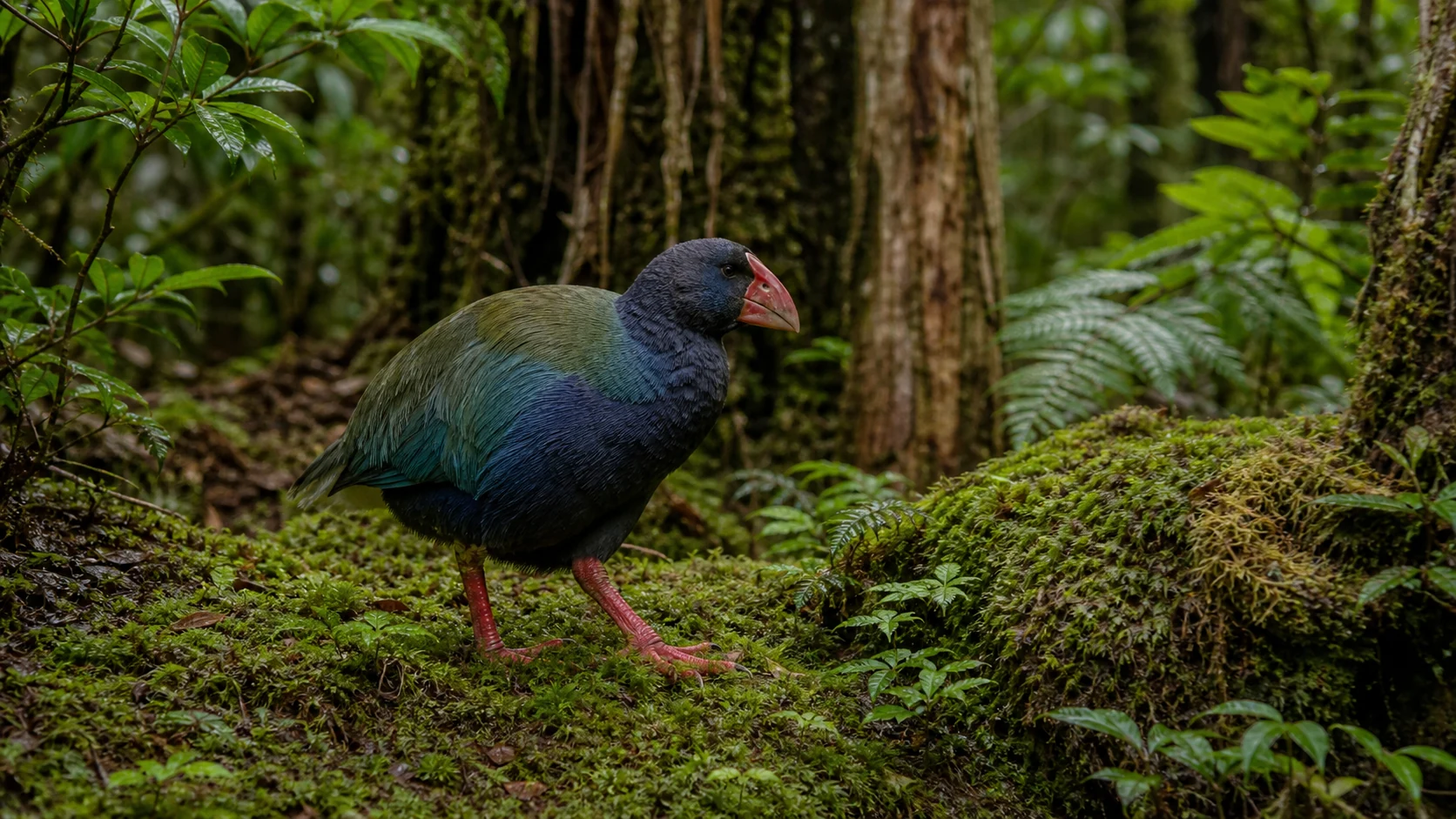 ナンキョクブナの林床に立つ固有鳥タカヘ