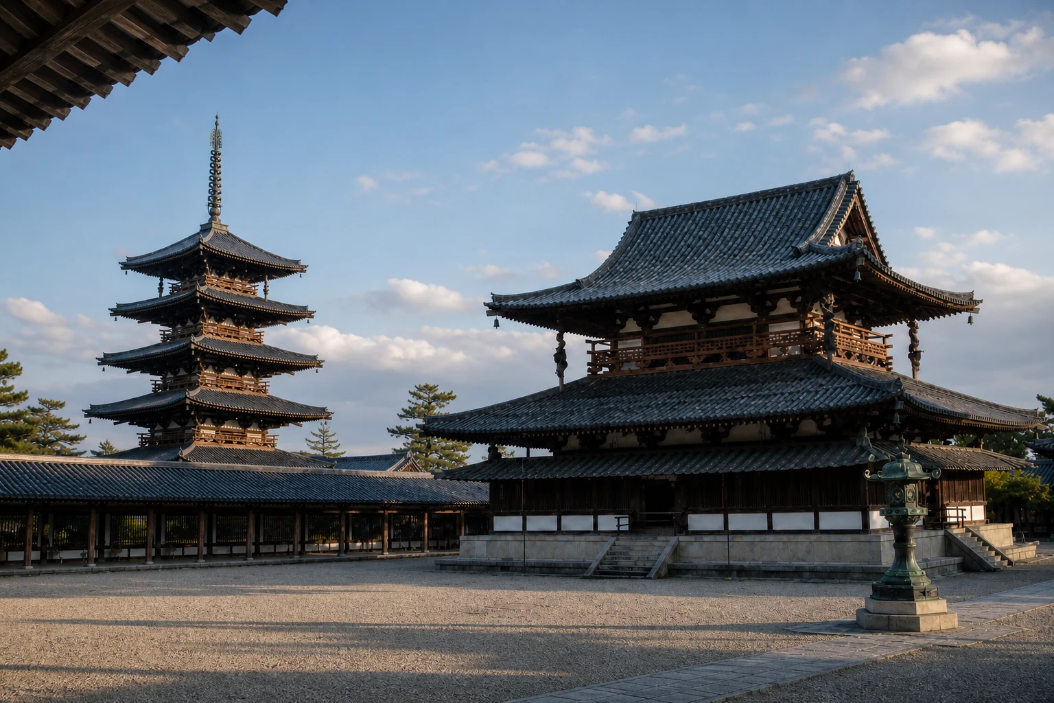 法隆寺西院伽藍の金堂と五重塔