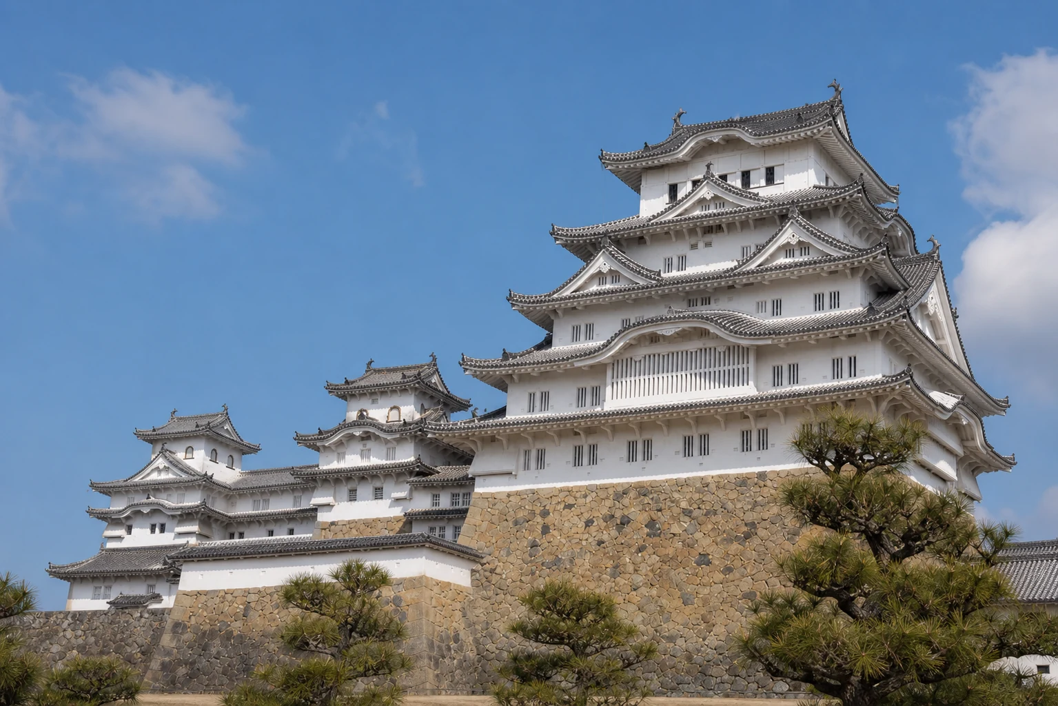 姫路城の大天守と三つの小天守からなる連立天守