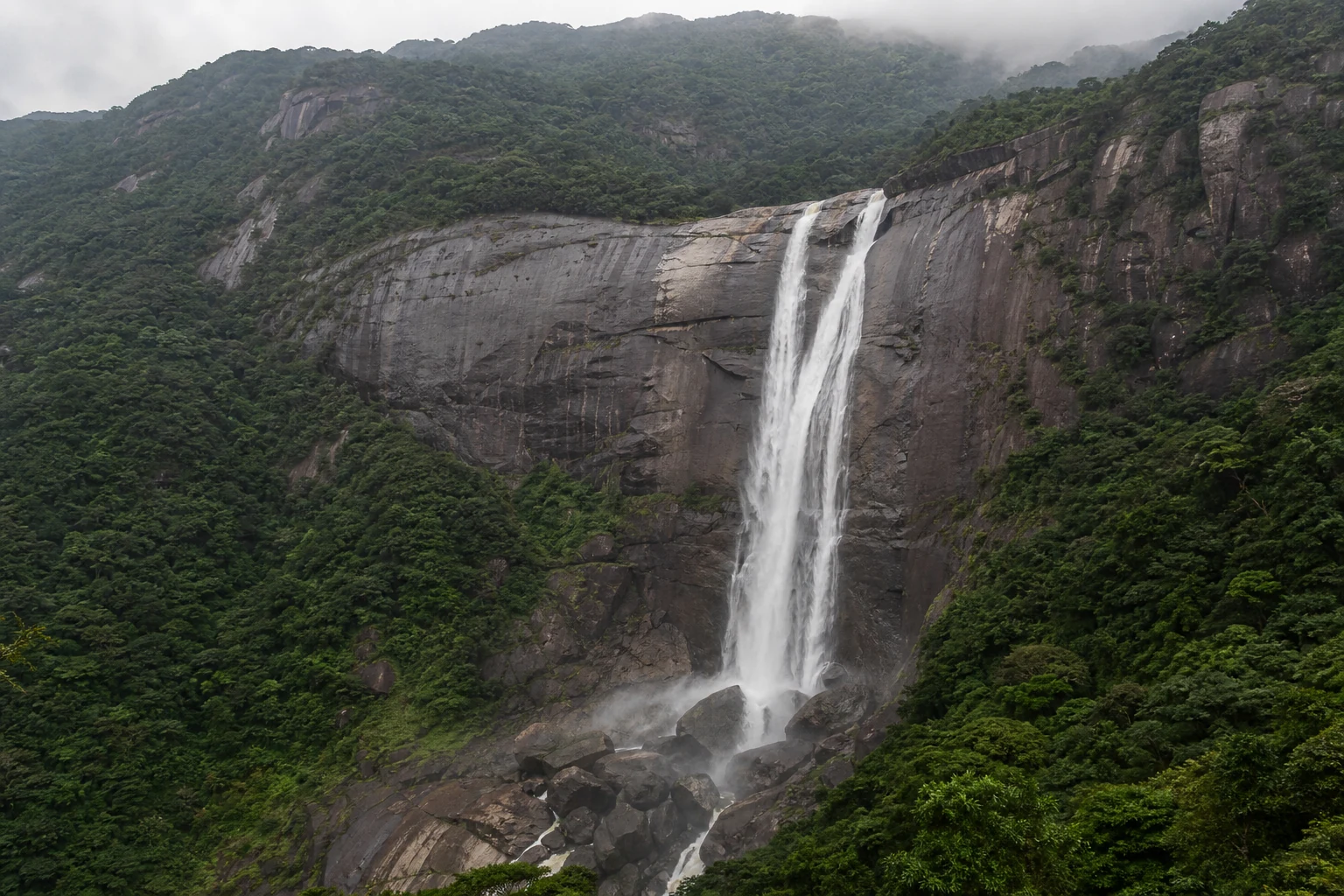 屋久島の深い森と花崗岩の断崖を落ちる大川の滝