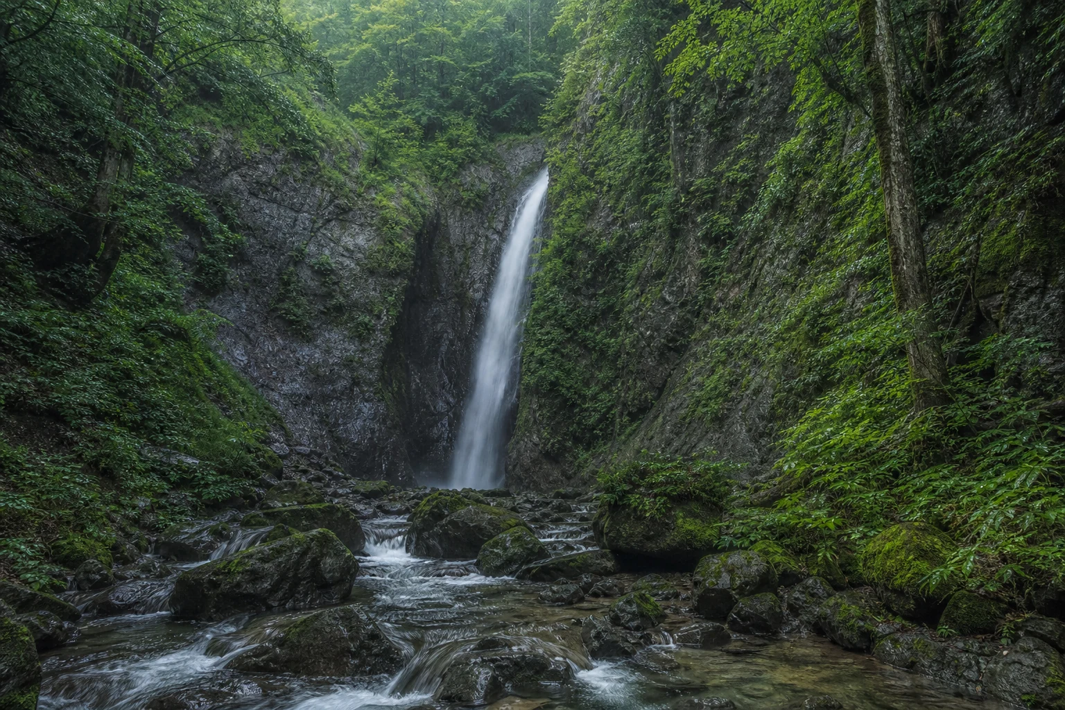 白神山地の深いブナ林を流れ落ちる暗門の滝