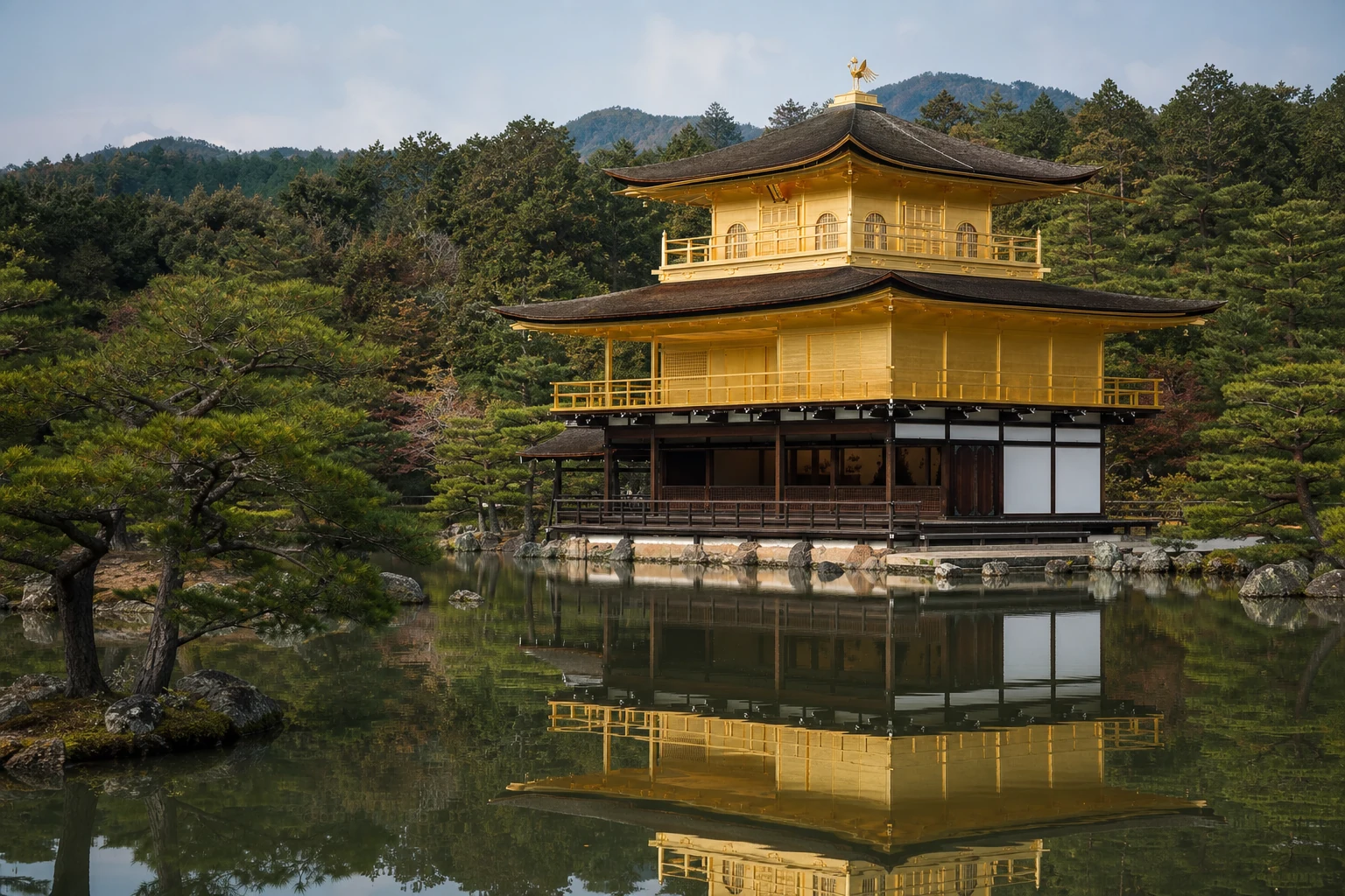 鏡湖池に映る鹿苑寺の金閣
