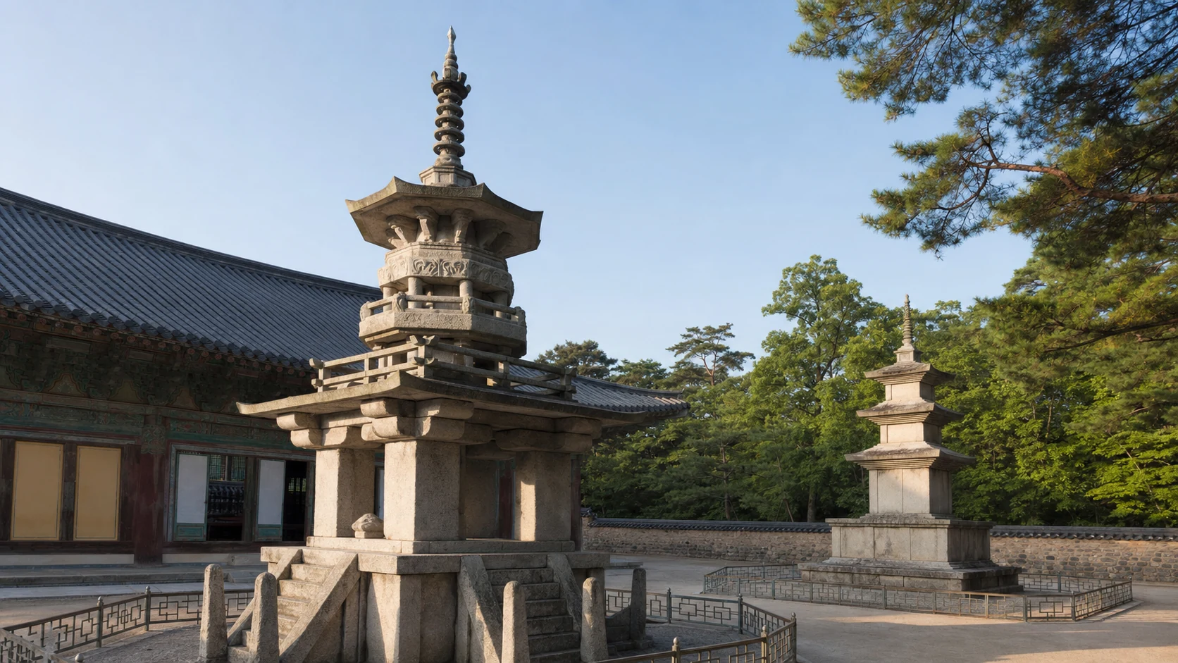 仏国寺の中庭に並ぶ装飾的な多宝塔と三層の釈迦塔