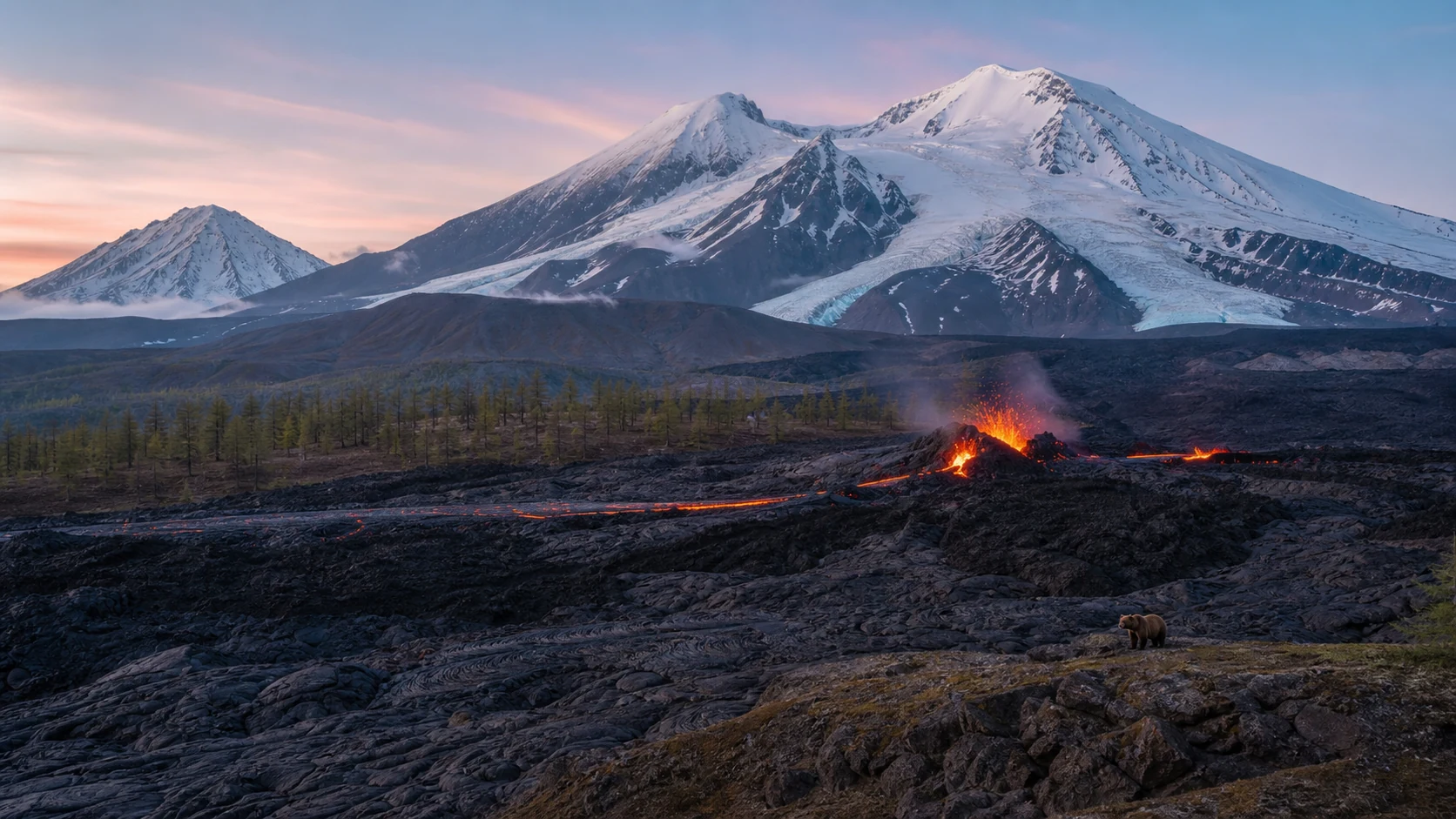 カムチャツカの活火山の溶岩地形と氷河が共存する山岳景観