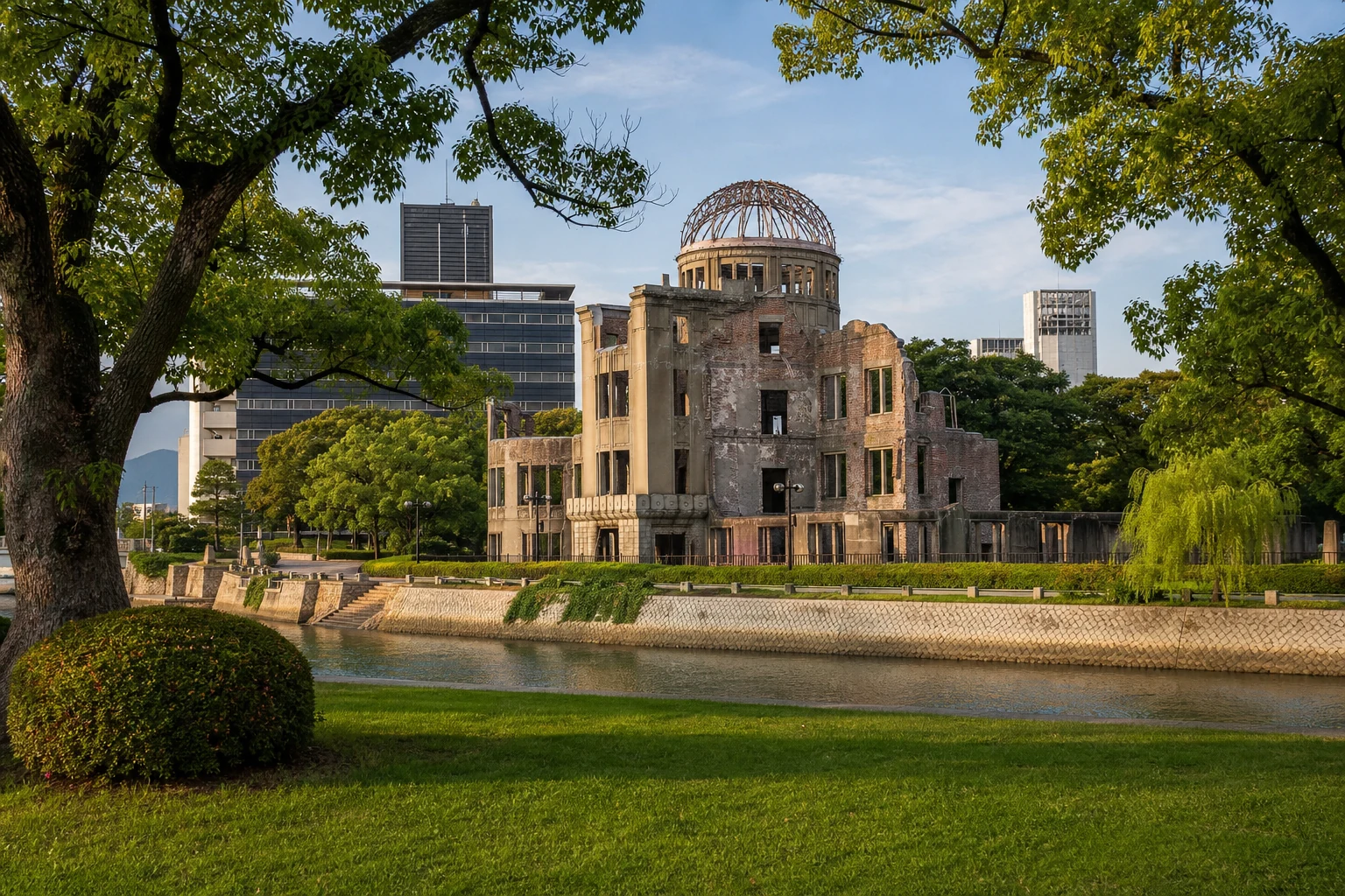 広島平和記念公園の緑と水辺の先に立つ原爆ドーム
