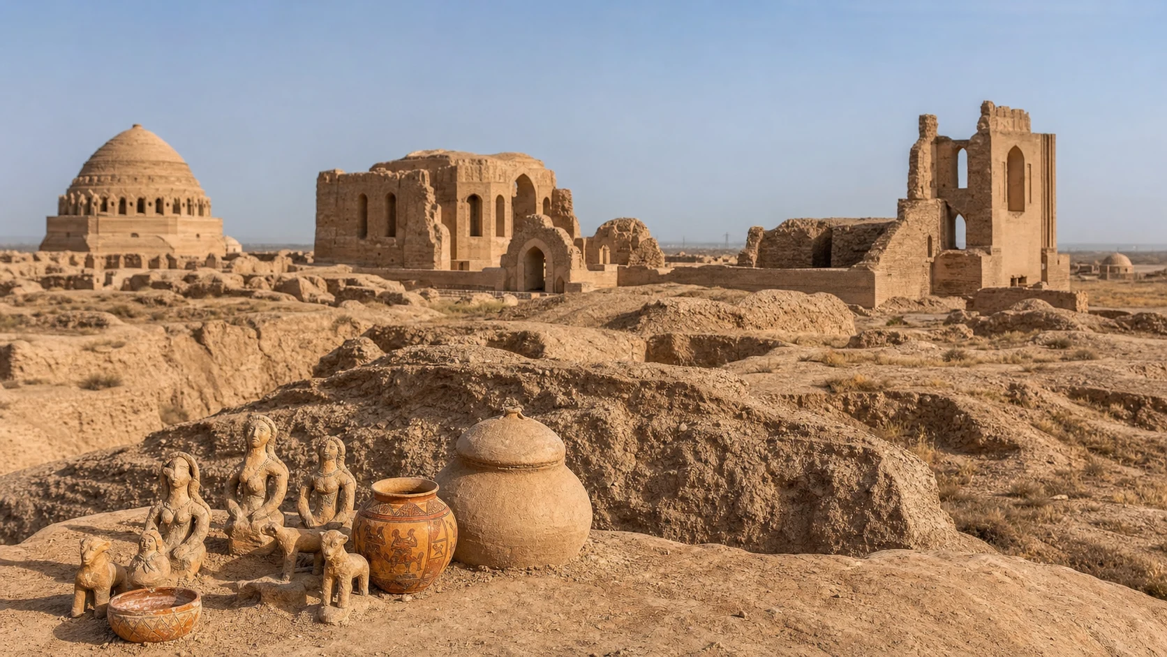 カラクム砂漠に残る土色のメルヴ都市遺跡と宗教建築の遺構