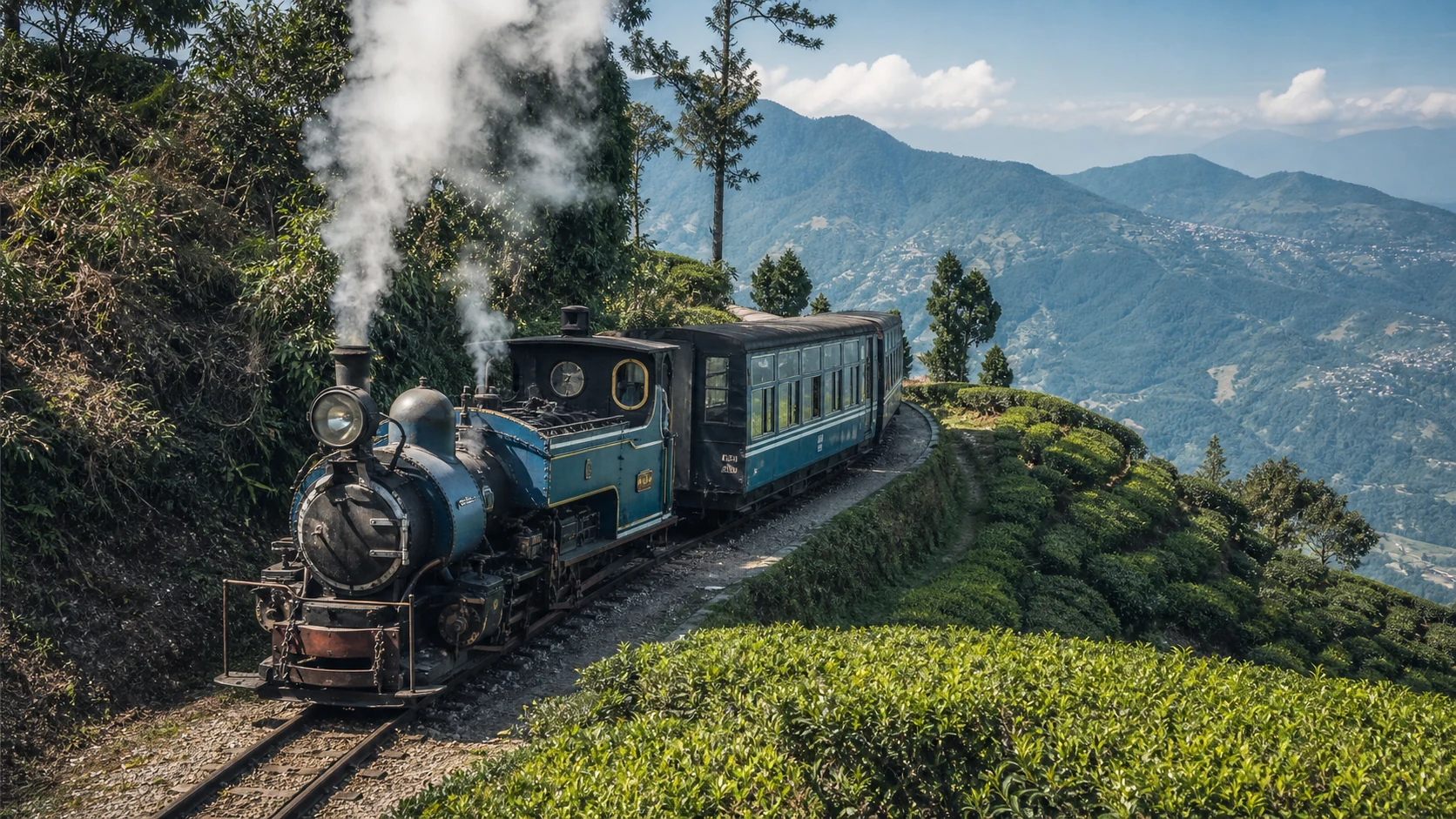 茶畑の山肌を走るダージリン・ヒマラヤ鉄道の蒸気機関車